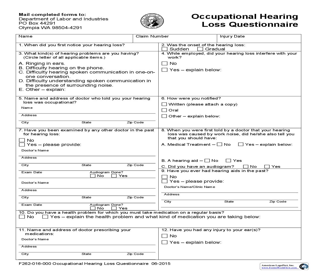 Occupational Hearing Loss Questionnaire {F262-016-000} | Pdf Fpdf Doc Docx | Washington