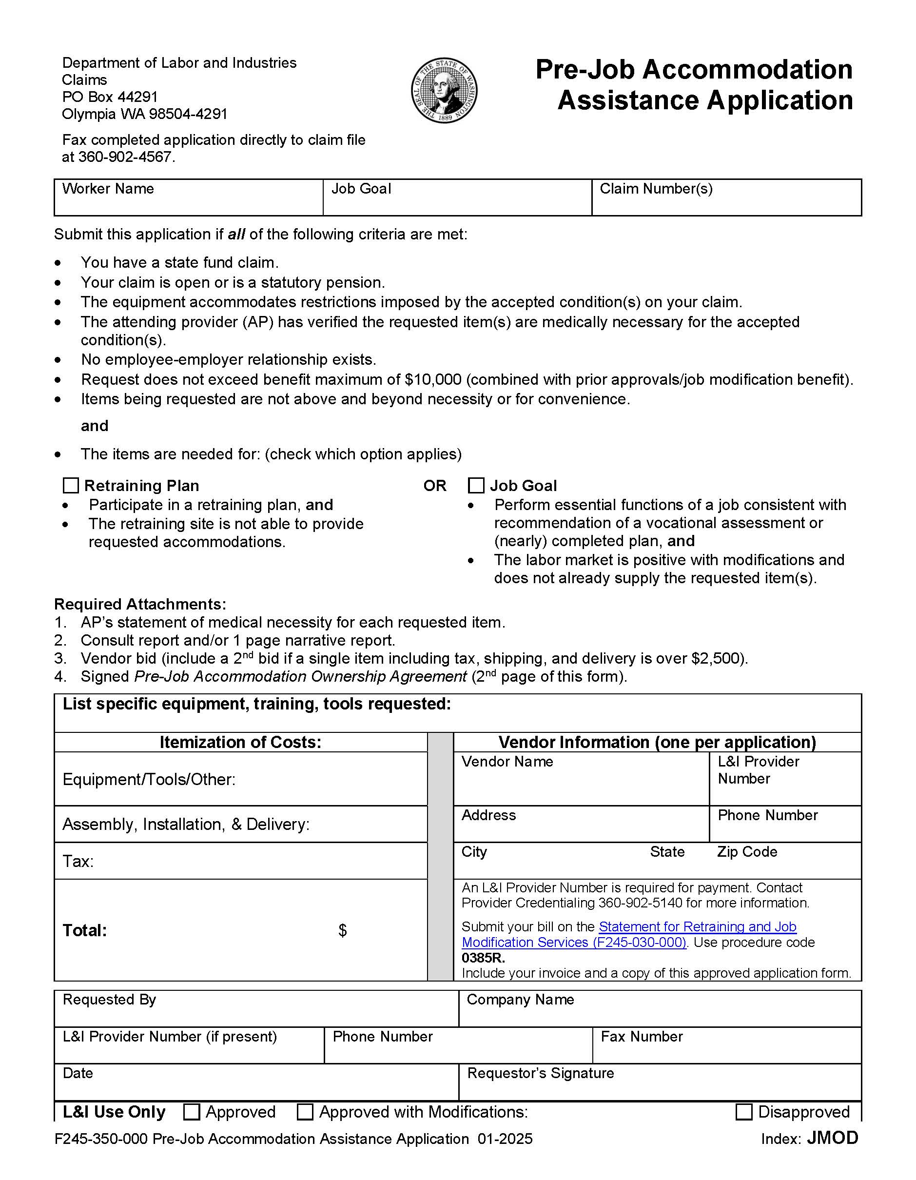 Pre Job Accommodation Assistance Application {F245-350-000} | Pdf Fpdf Doc Docx | Washington