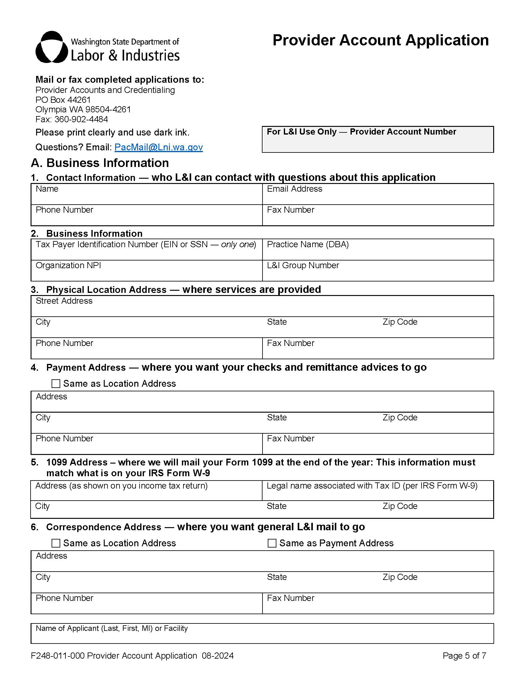 Provider Account Application {F248-011-000} | Pdf Fpdf Docx | Washington