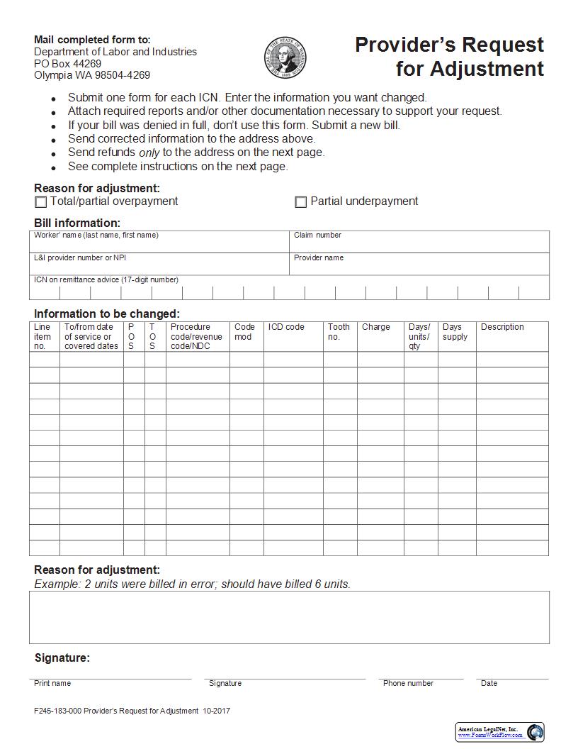 Providers Request For Adjustment {F245-183-000} | Pdf Fpdf Docx | Washington