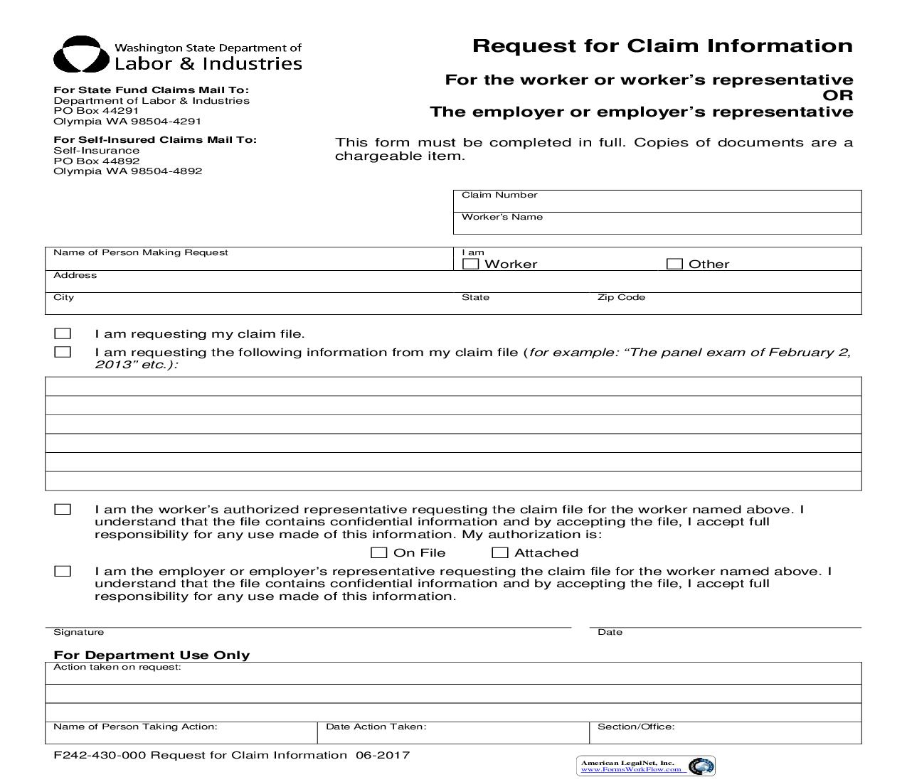 Request For Claim Information {F242-430-000} | Pdf Fpdf Doc Docx | Washington