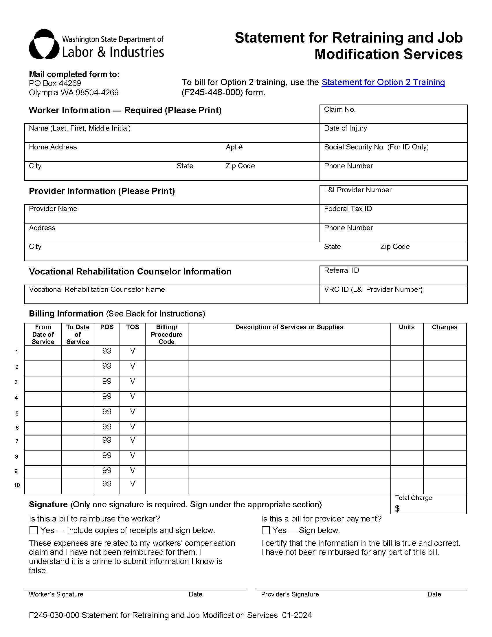 Statement For Retraining And Job Modification Services {F245-030-000} | Pdf Fpdf Docx | Washington