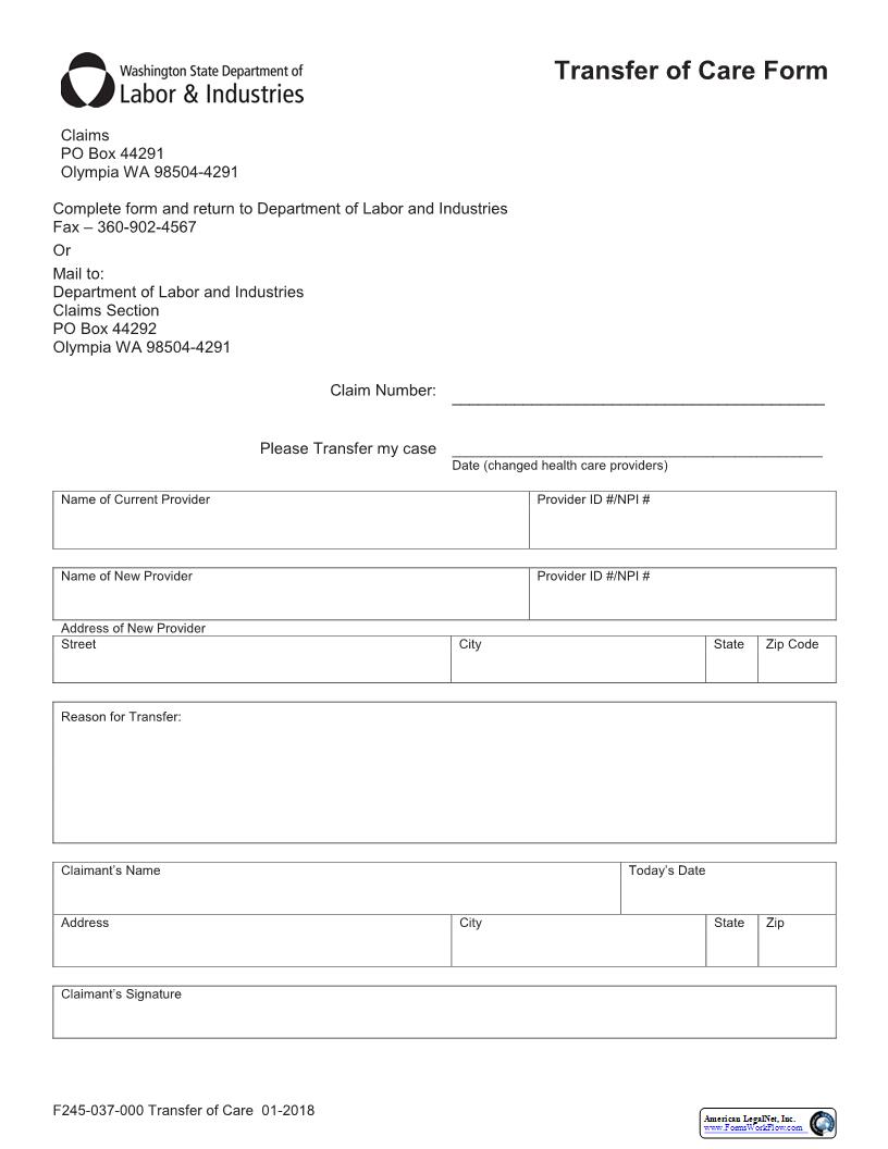 Transfer Of Care Card {F245-037-000} | Pdf Fpdf Docx | Washington