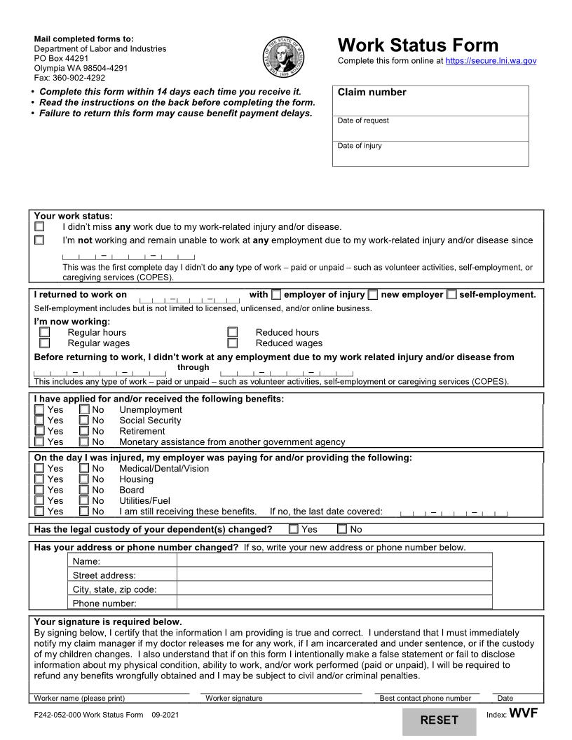 Work Status Form {F242-052-000} | Pdf Fpdf Doc Docx | Washington