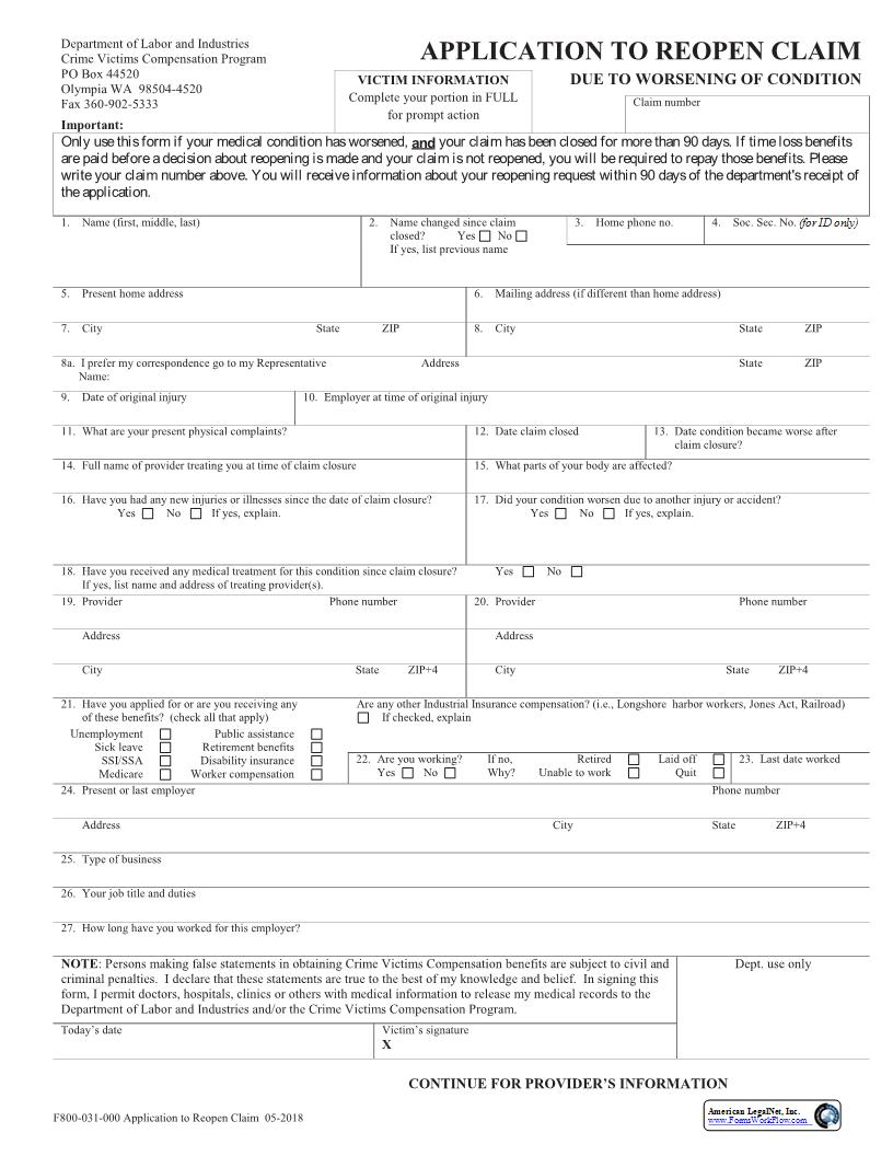Application To Reopen Claim Due To Worsening Of Condition {F800-031-000} | Pdf Fpdf Docx | Washington