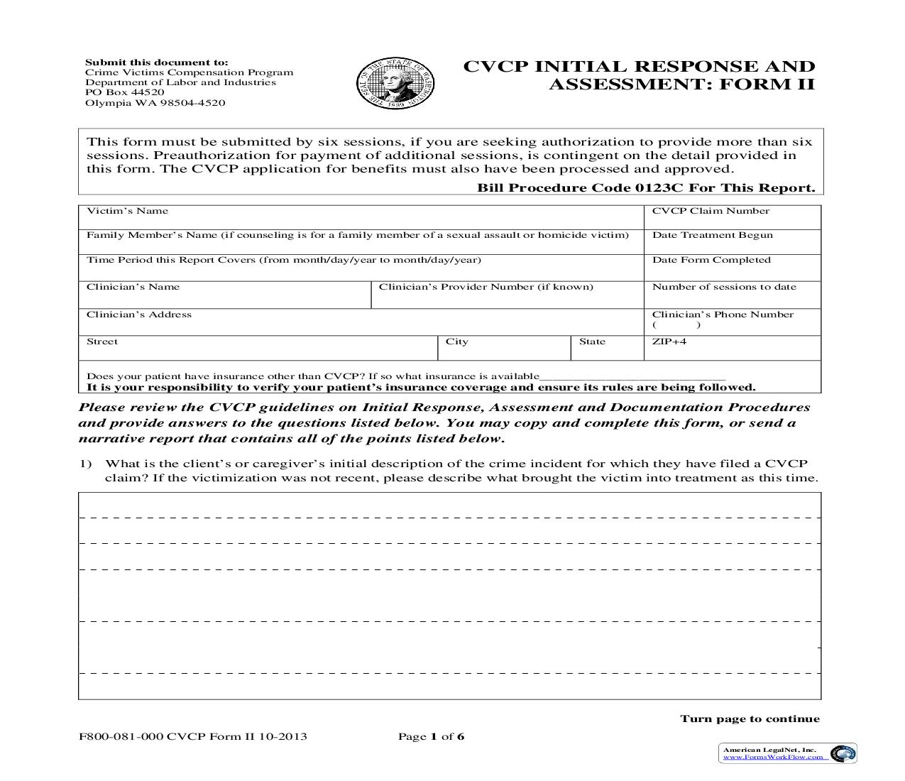 CVCP Initial Response And Assessment Form II {F800-081-000} | Pdf Fpdf Doc Docx | Washington