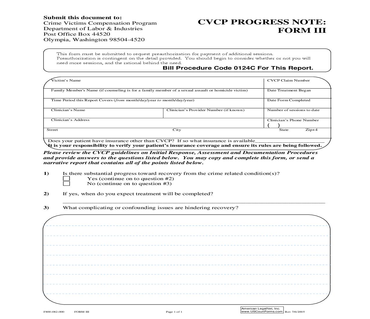 CVCP Progress Note Form III {F800-082-000} | Pdf Fpdf Doc Docx | Washington
