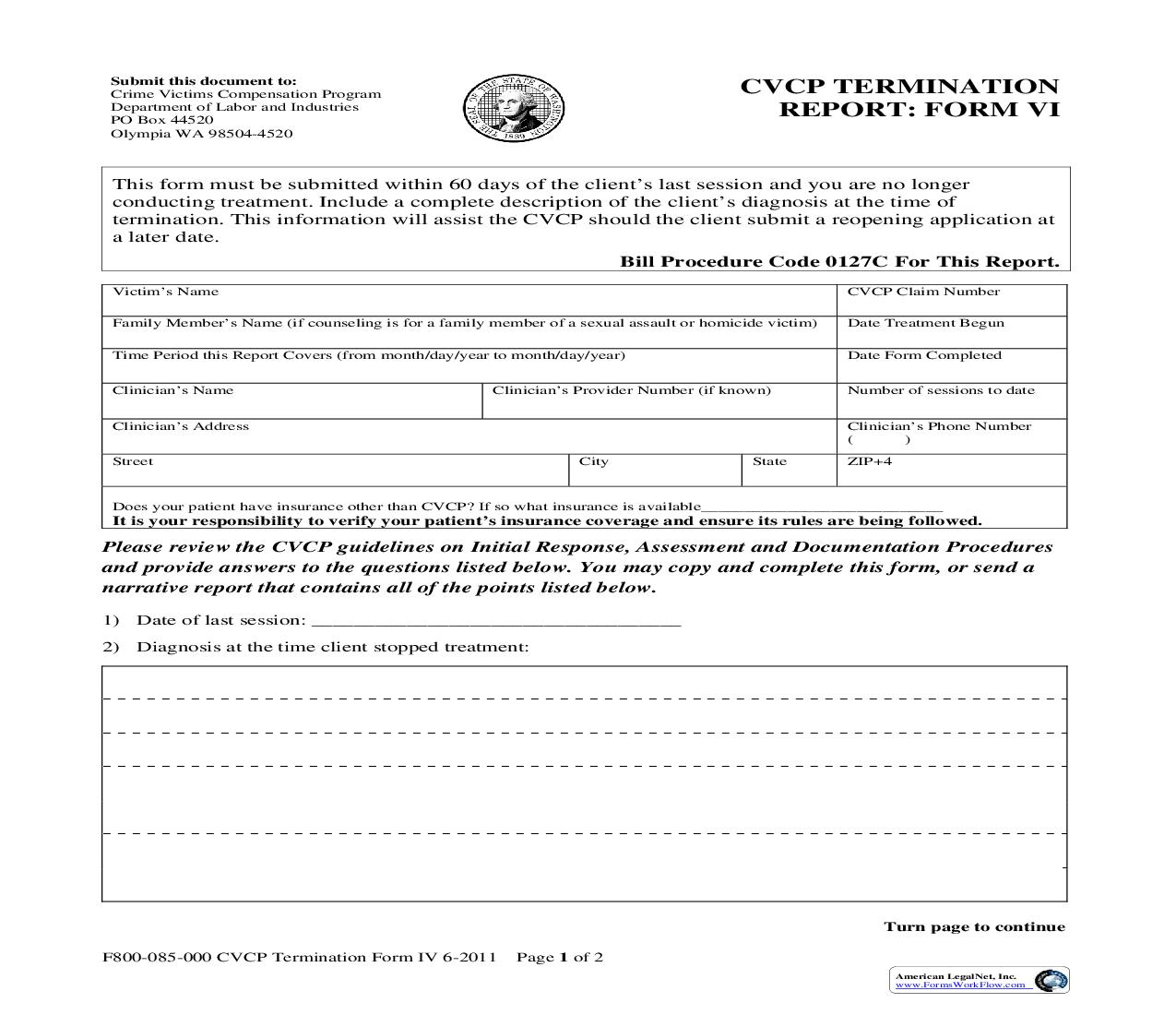 CVCP Termination Report Form VI {F800-085-000} | Pdf Fpdf Doc Docx | Washington