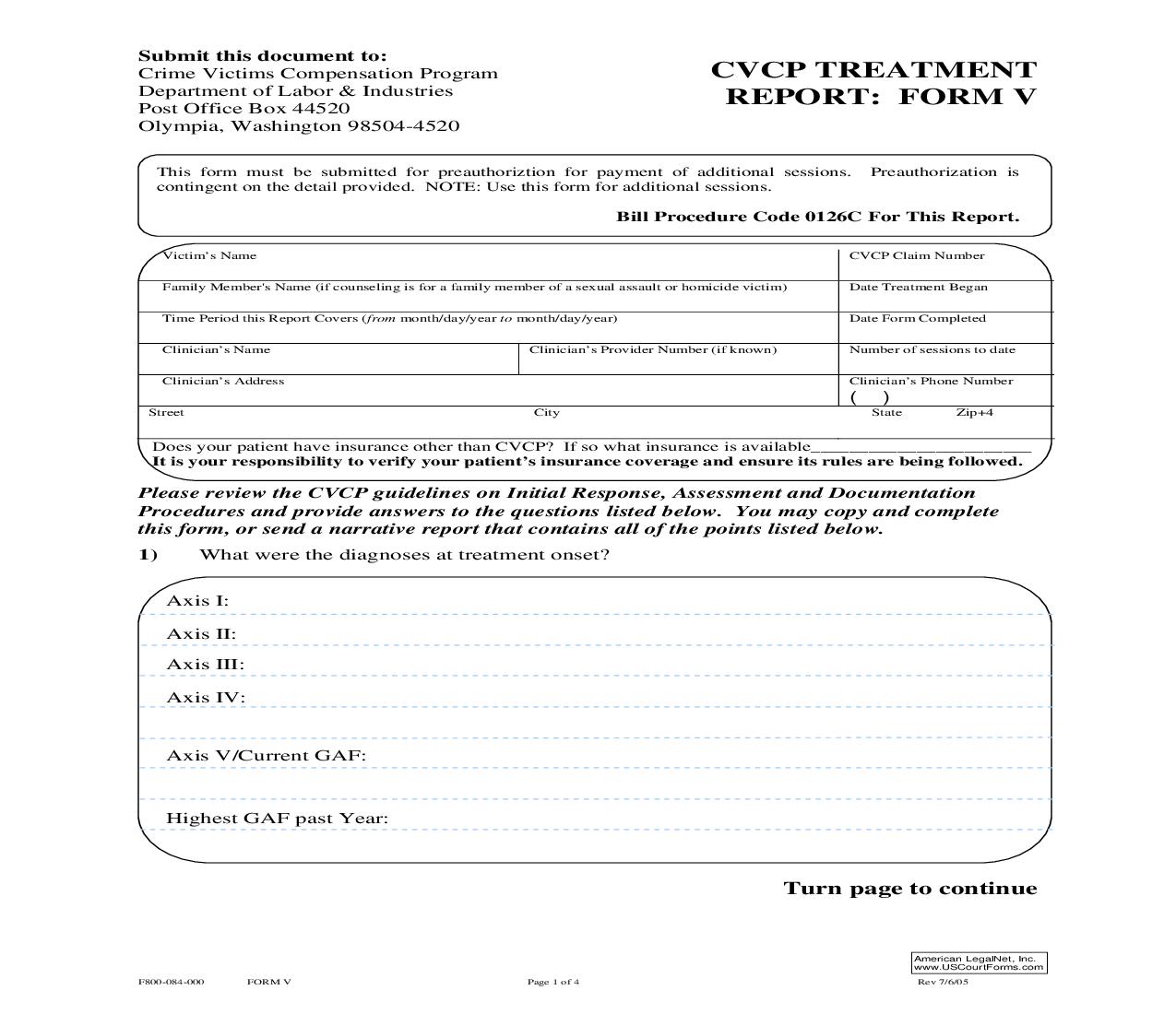 CVCP Treatment Report Form V {F800-084-000} | Pdf Fpdf Doc Docx | Washington