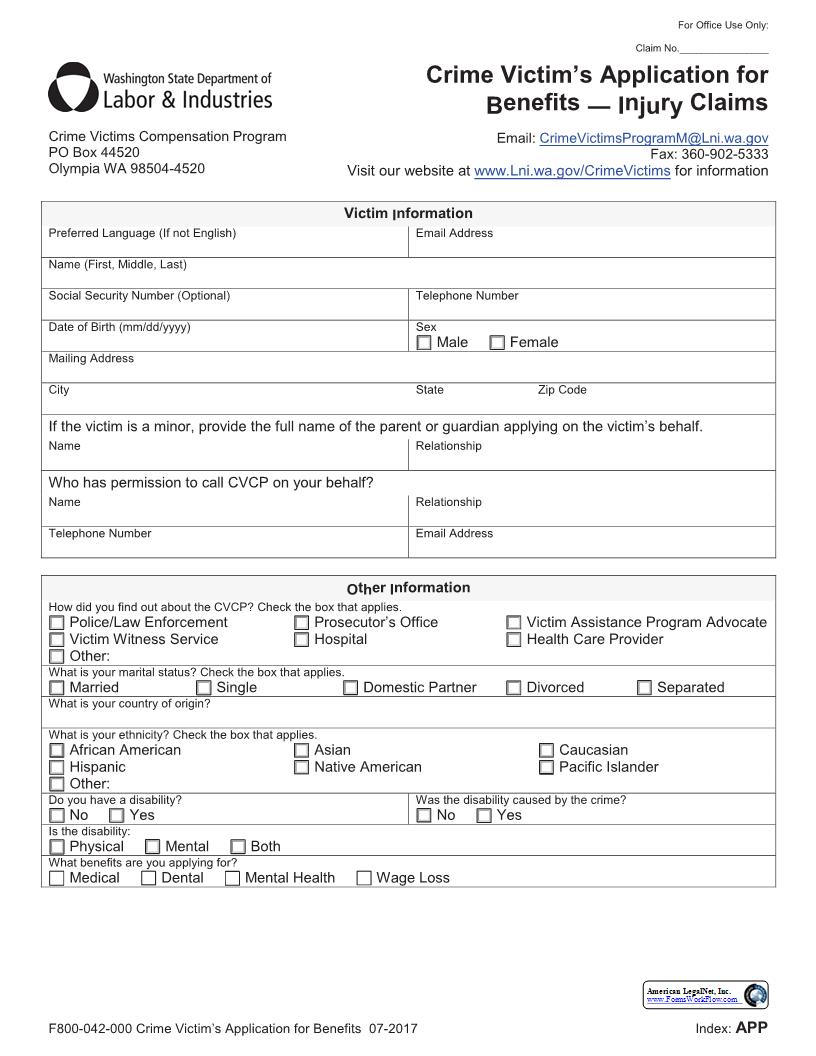 Crime Victims Application For Benefits Injury Claim {F800-042-000} | Pdf Fpdf Docx | Washington