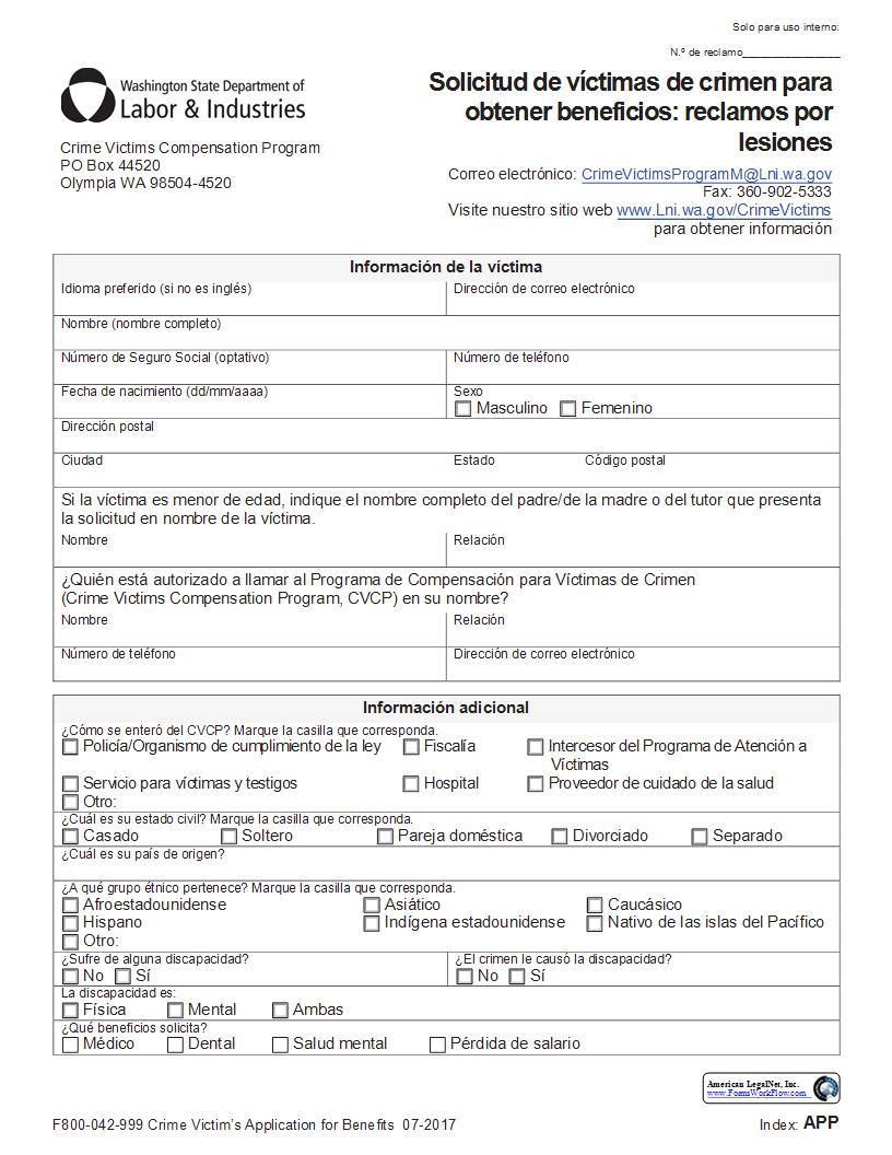 Crime Victims Application For Benefits Injury Claim (Spanish) {F800-042-999} | Pdf Fpdf Docx | Washington