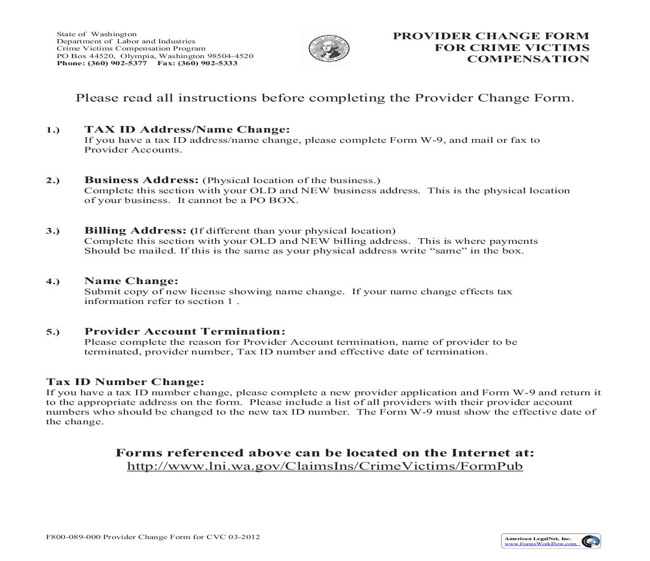 Provider Accounts Change Form For Crime Victims Compensation {F800-089-000} | Pdf Fpdf Doc Docx | Washington