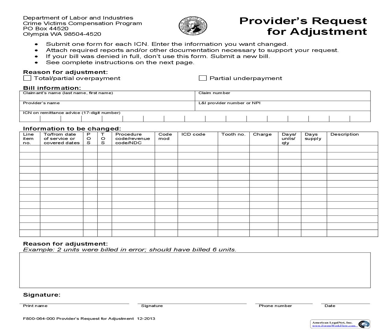 Providers Request For Adjustment {F800-064-000} | Pdf Fpdf Doc Docx | Washington