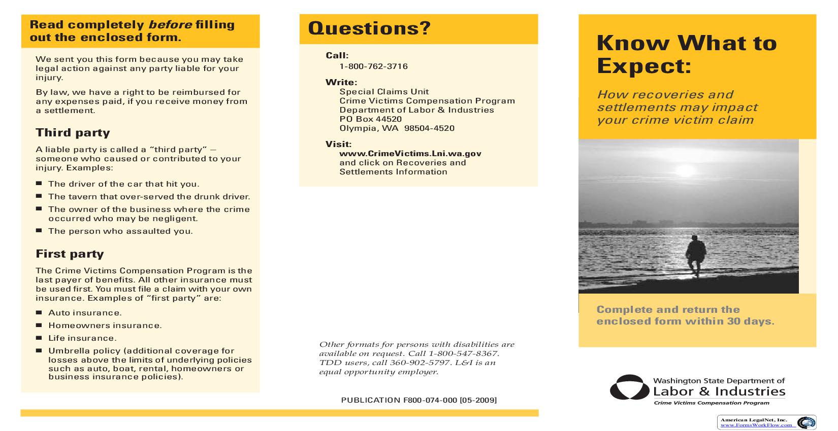 Recoveries And Settlements Form {F800-074-000} | Pdf Fpdf Doc Docx | Washington