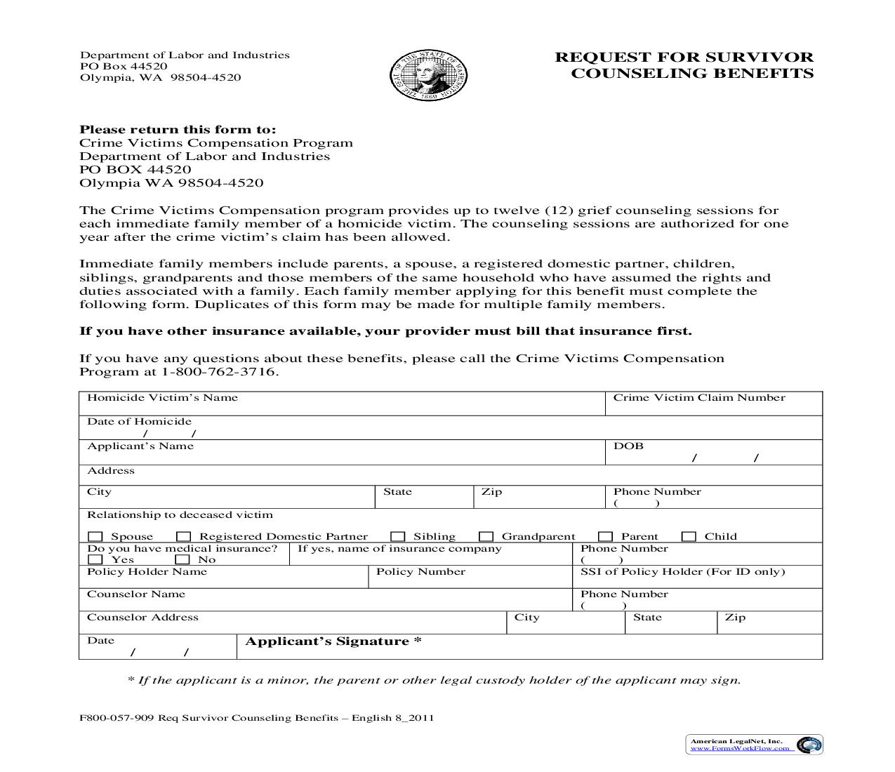 Request For Survivor Counseling Benefits {F800-057-909} | Pdf Fpdf Doc Docx | Washington