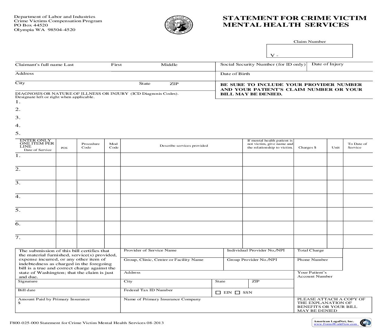Statement For Crime Victim Mental Health Services {F800-025-000} | Pdf Fpdf Doc Docx | Washington
