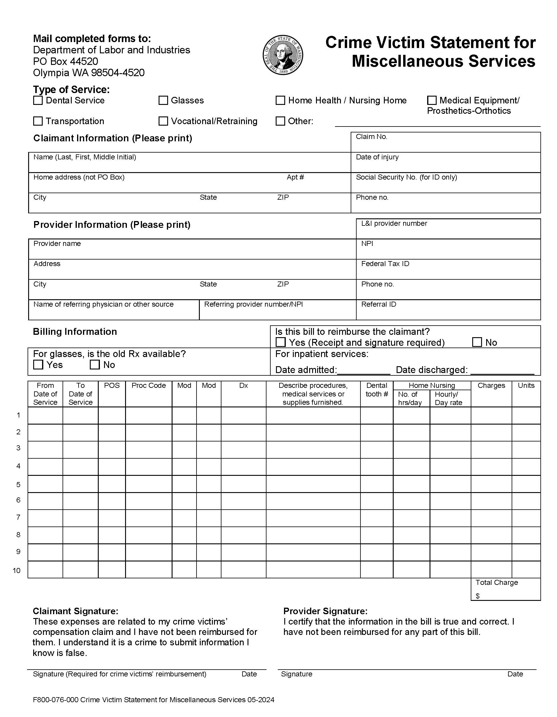 Statement For Crime Victim Misc Services {F800-076-000} | Pdf Fpdf Doc Docx | Washington