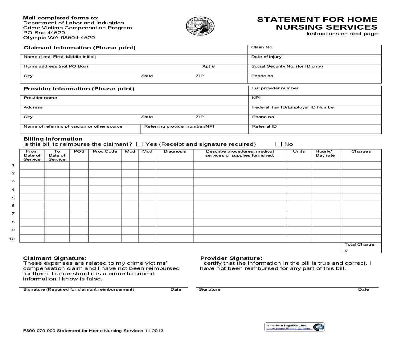 Statement For Home Nursing Services (Crime Victims) {F800-070-000} | Pdf Fpdf Doc Docx | Washington