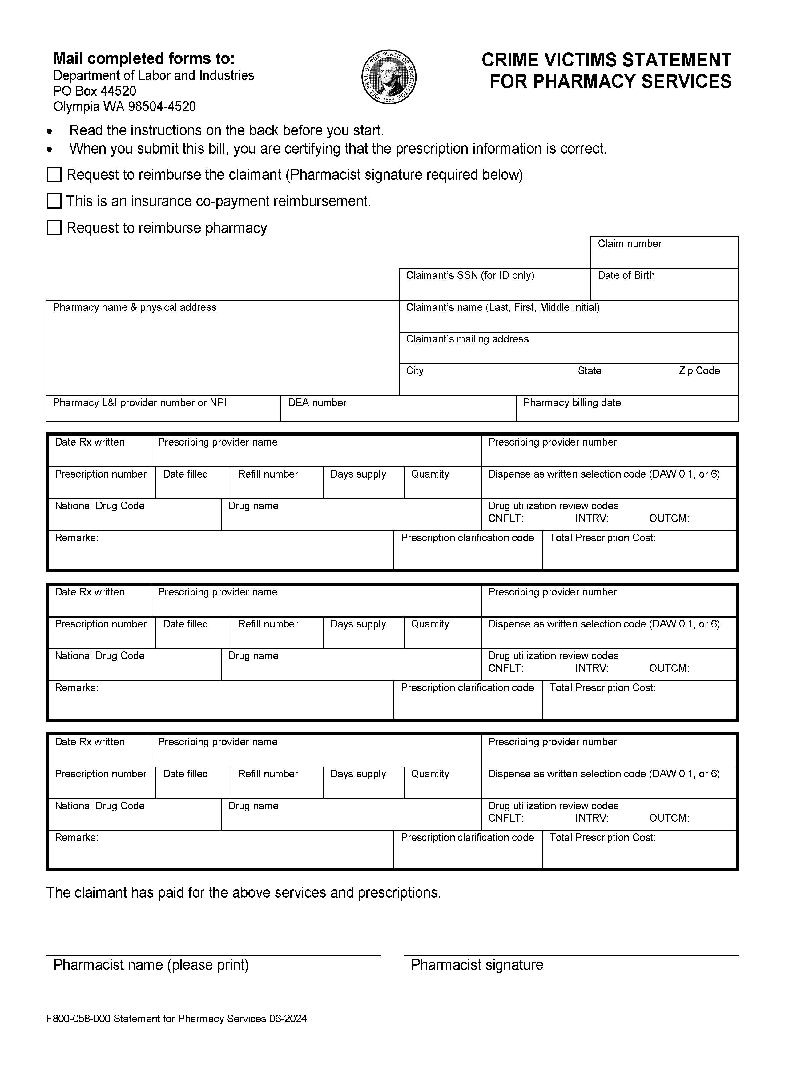 Statement For Pharmacy Services (Crime Victims) {F800-058-000} | Pdf Fpdf Doc Docx | Washington