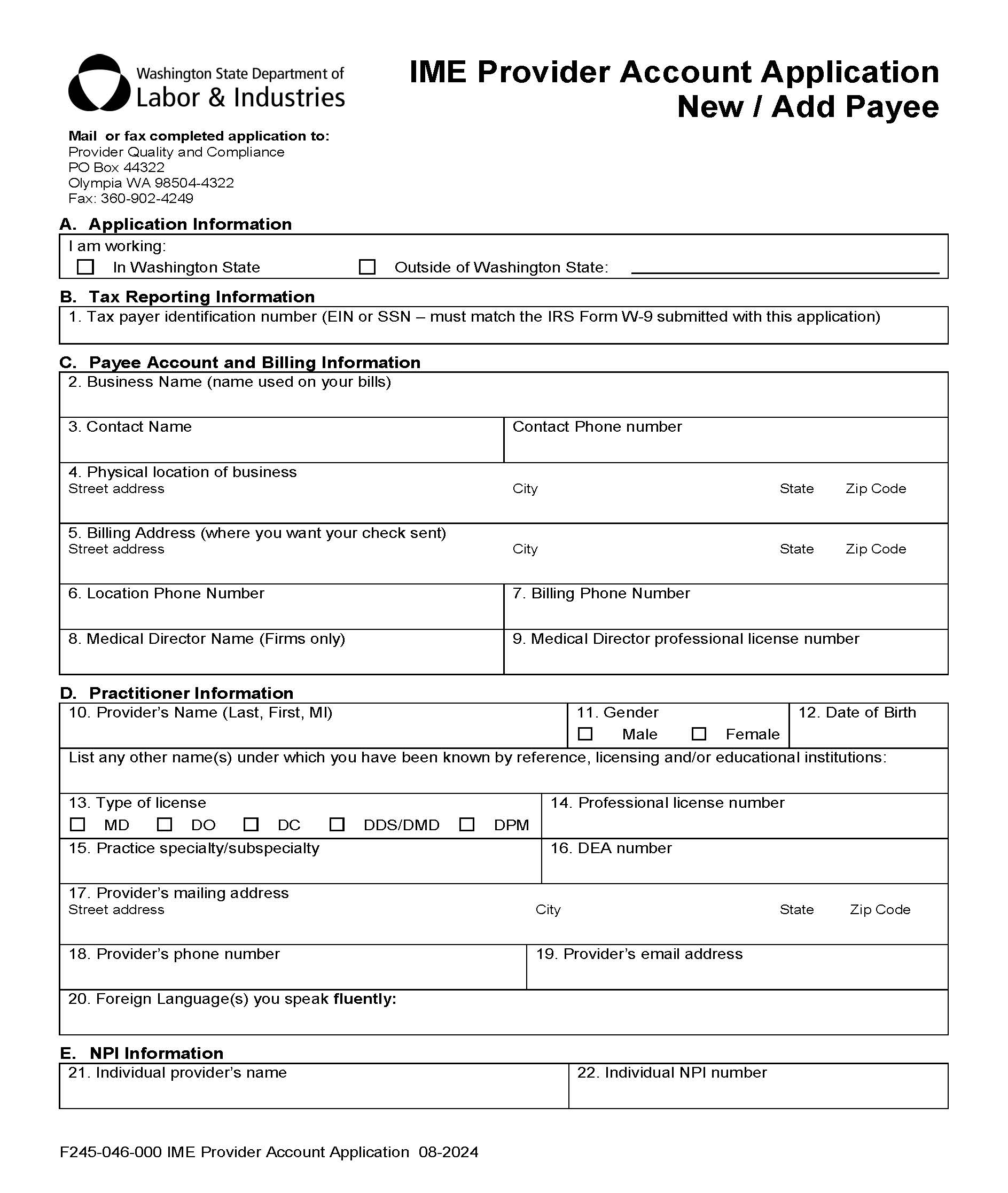 IME Provider Account Application {F245-046-000} | Pdf Fpdf Doc Docx | Washington