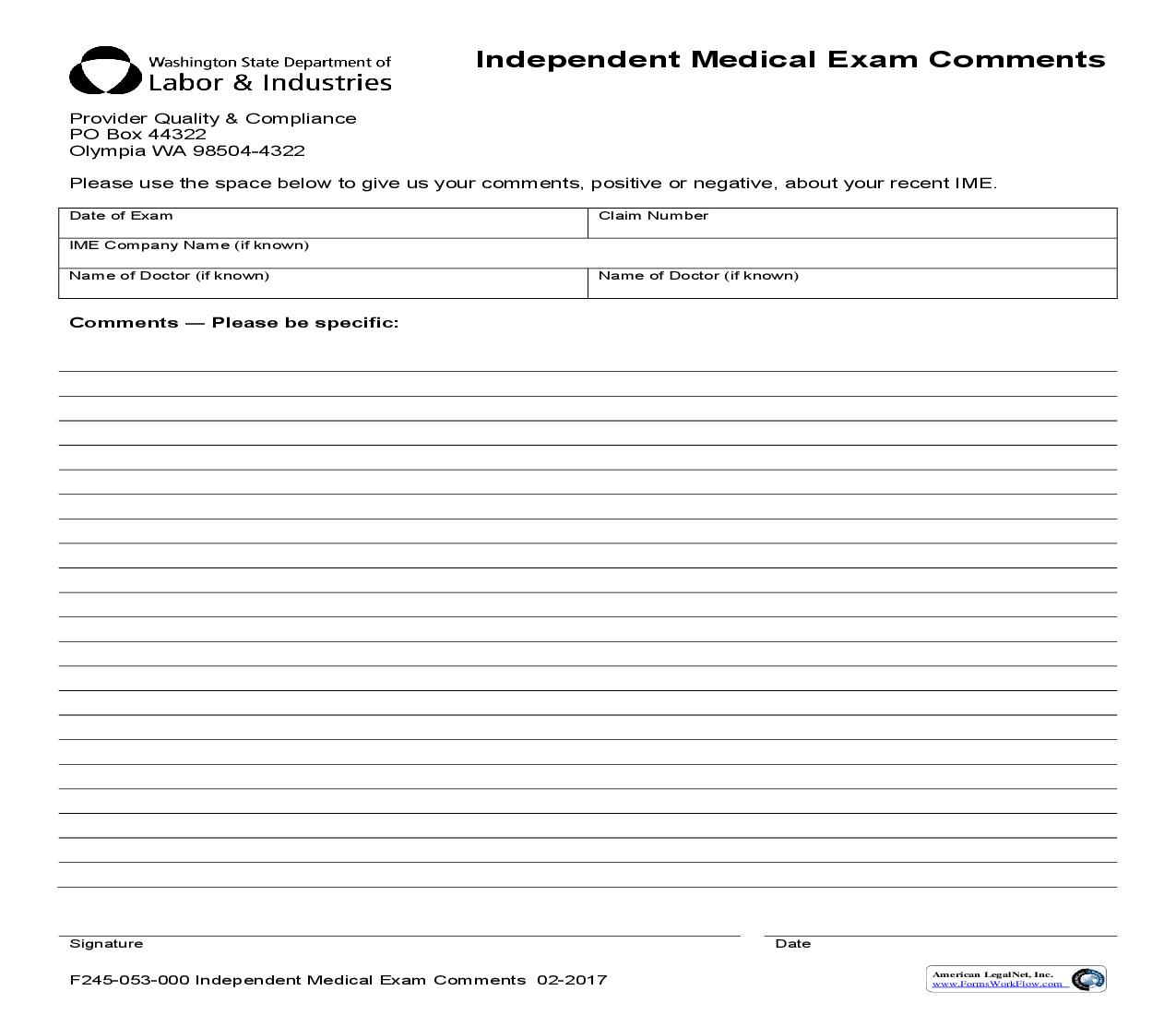 Independent Medical Exam Comments {F245-053-000} | Pdf Fpdf Doc Docx | Washington