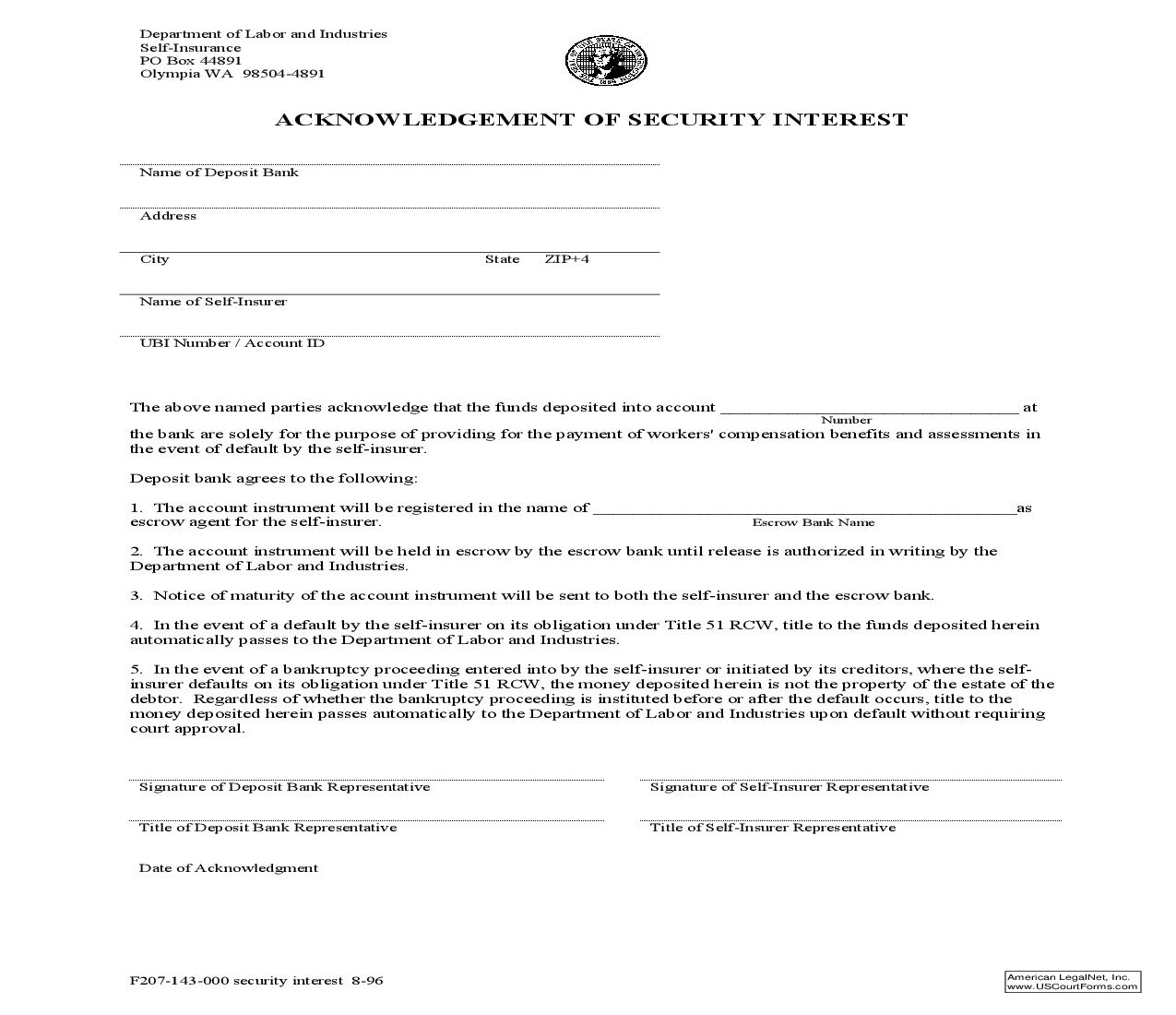 Acknowledgement Of Security Interest {F207-143-000} | Pdf Fpdf Doc Docx | Washington