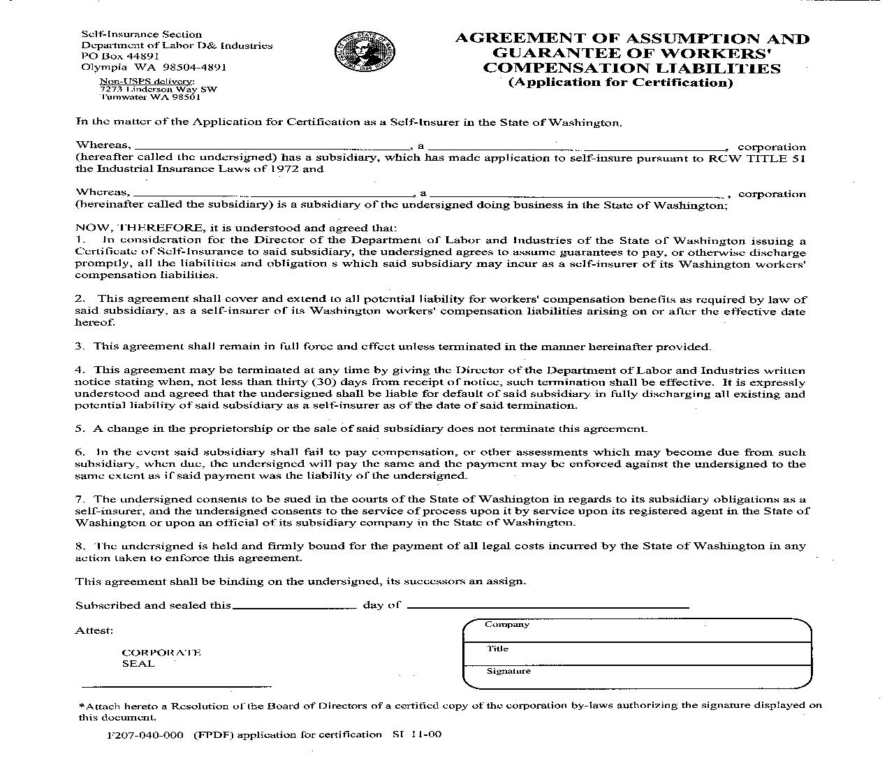 Agreement Of Assumption And Guarantee Of Workers Compensation Liabilities {F207-040-000} | Pdf Fpdf Doc Docx | Washington