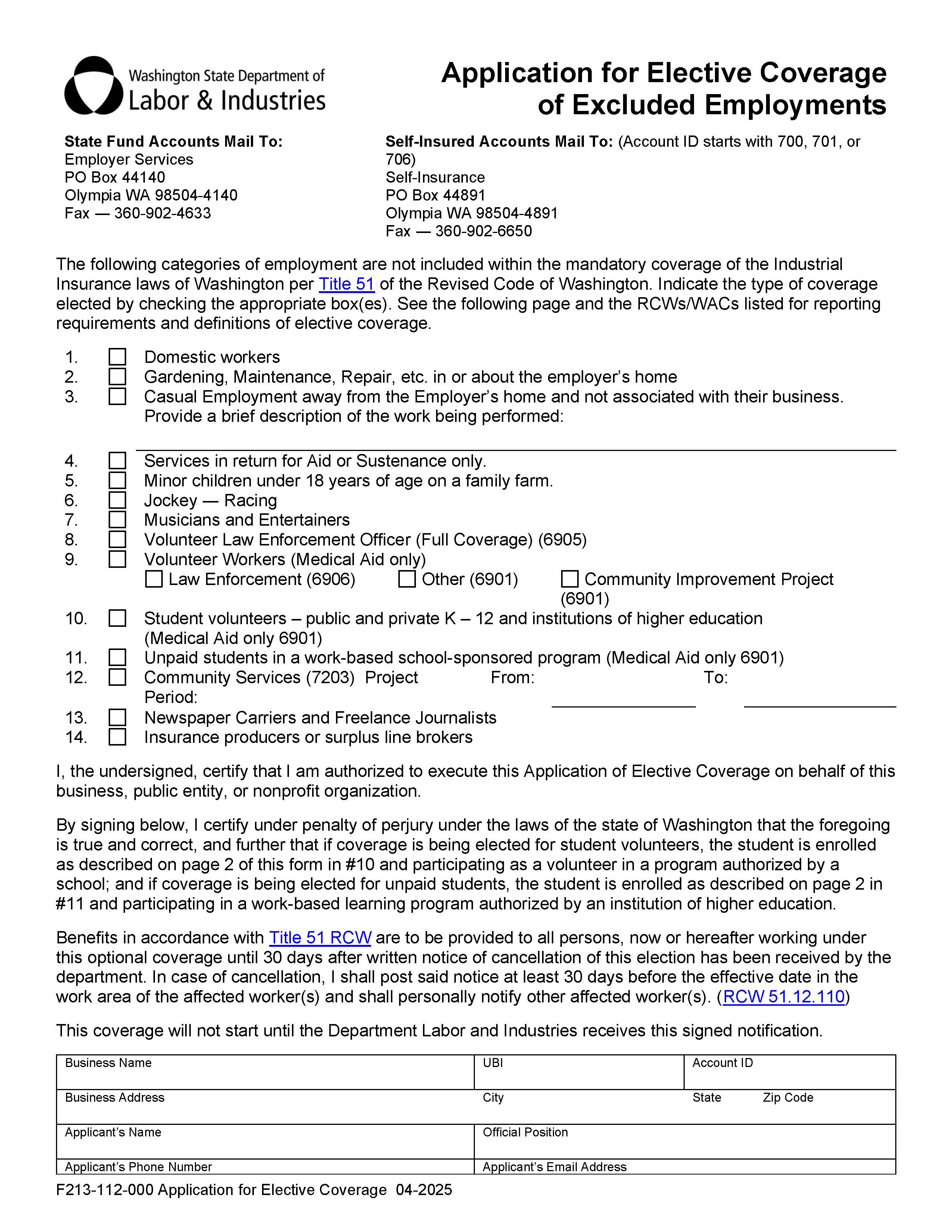 Application For Elective Coverage {F213-112-000} | Pdf Fpdf Docx | Washington