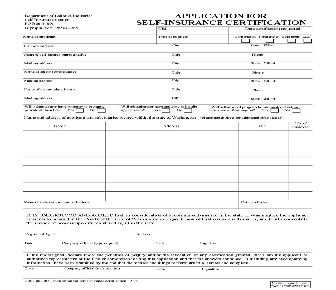 Application For Self-Insurance Certification {F207-001-000} | Pdf Fpdf Doc Docx | Washington
