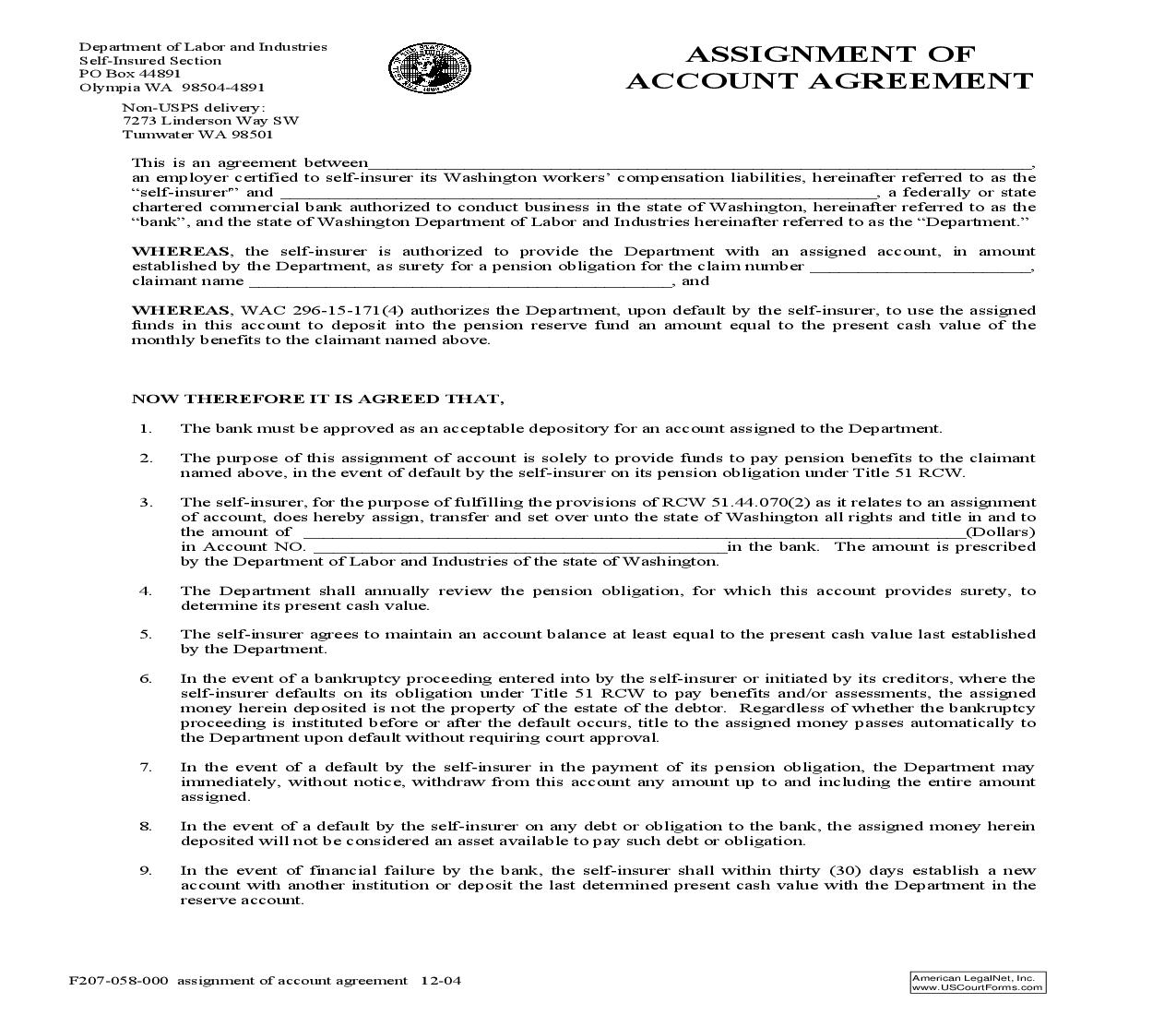 Assignment Of Account Agreement {F207-058-000} | Pdf Fpdf Doc Docx | Washington