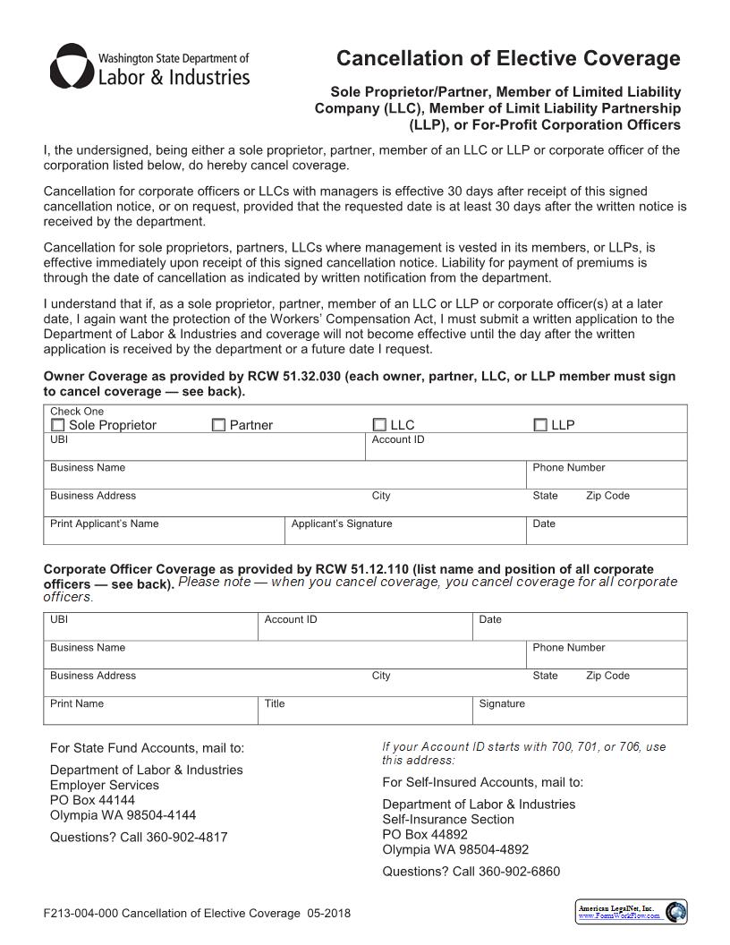 Cancellation Of Elective Coverage {F213-004-000} | Pdf Fpdf Docx | Washington