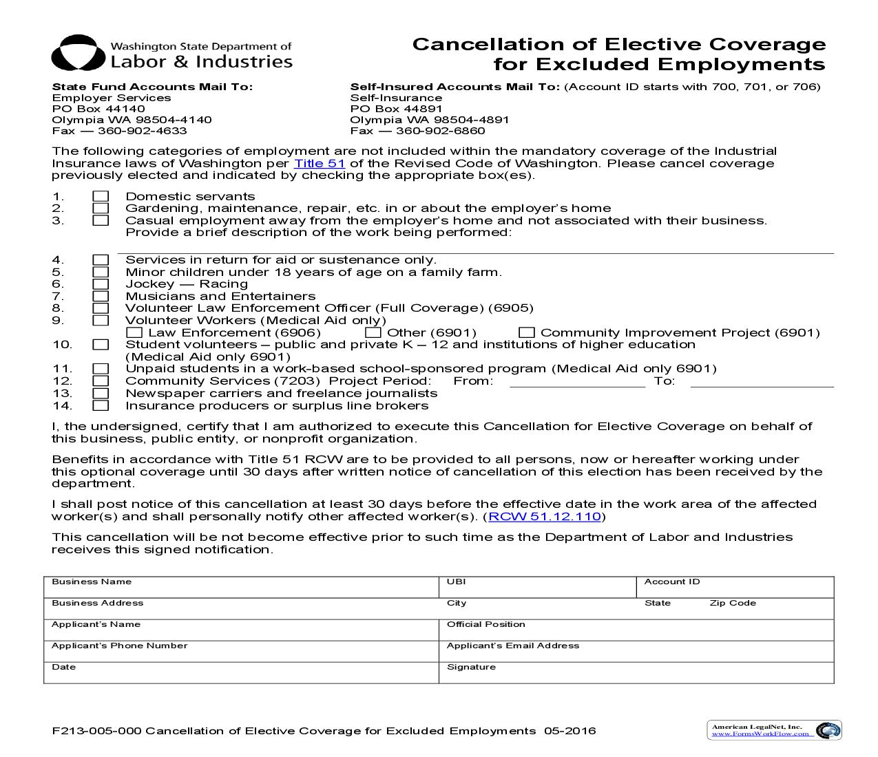 Cancellation Of Elective Coverage For Excluded Employments {F213-005-000} | Pdf Fpdf Doc Docx | Washington