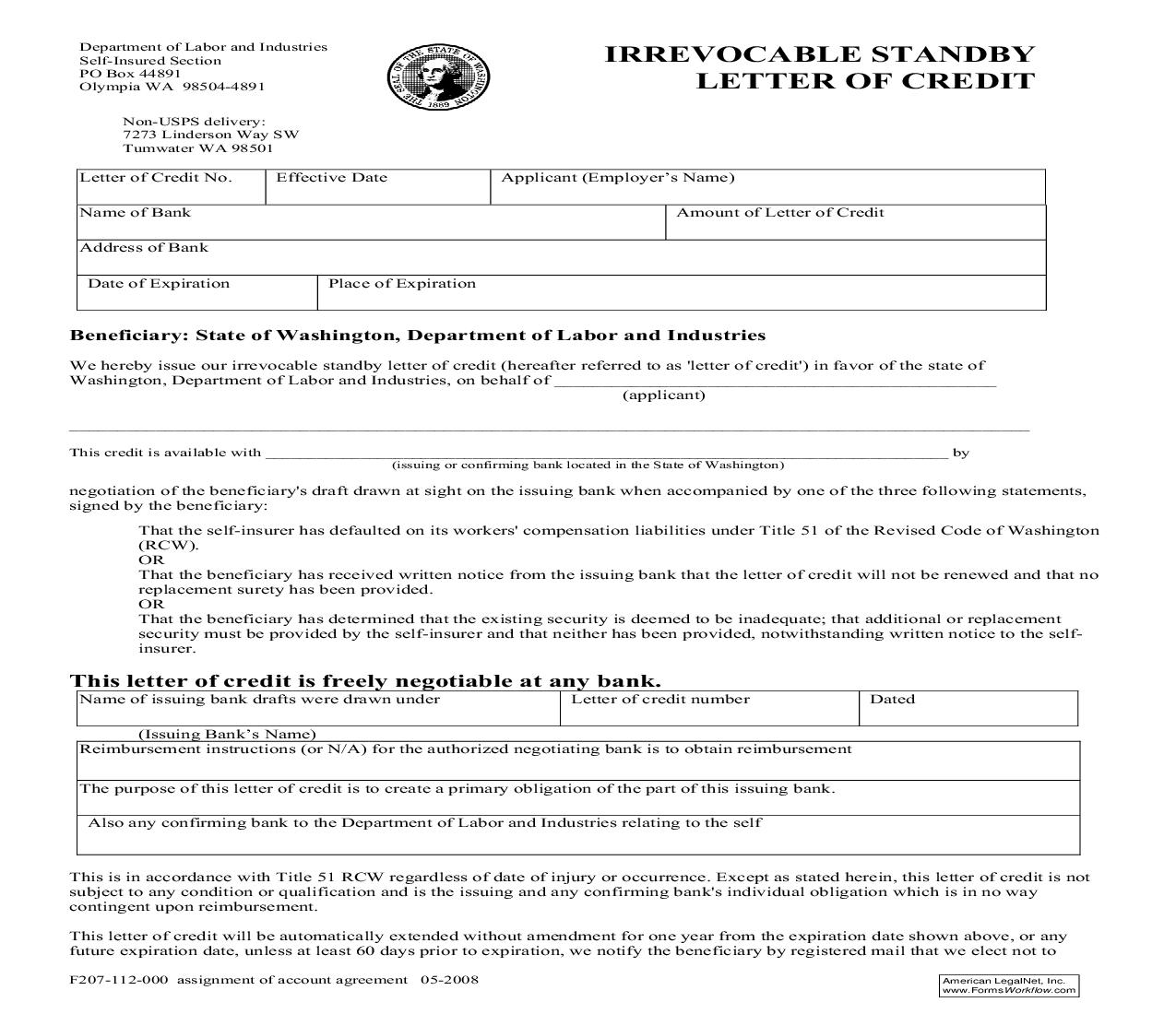 Irrevocable Standby Letter Of Credit {F207-112-000} | Pdf Fpdf Doc Docx | Washington