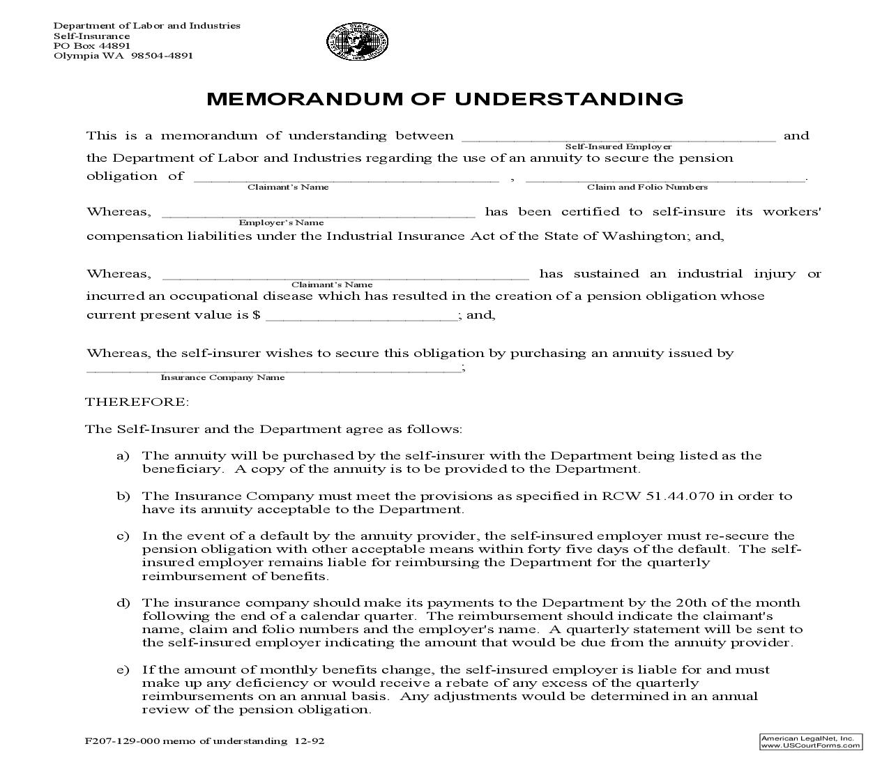 Memorandum Of Understanding {F207-129-000} | Pdf Fpdf Doc Docx | Washington