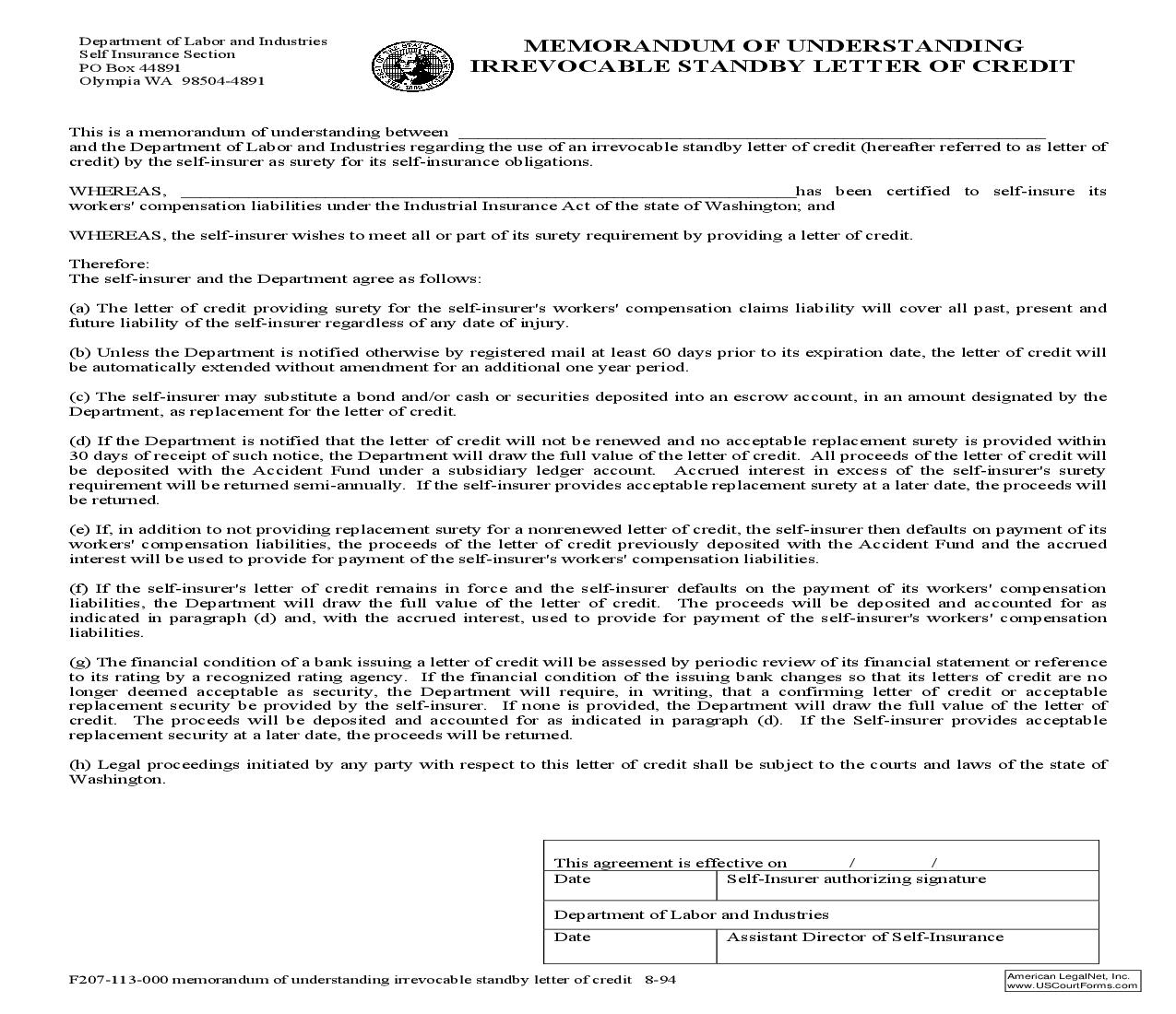 Memorandum Of Understanding Irrevocable Standby Letter Of Credit {F207-113-000} | Pdf Fpdf Doc Docx | Washington