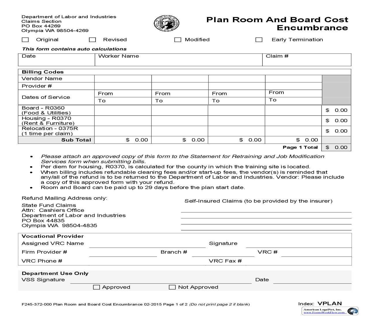 Plan Room And Board Cost Encumbrance {F245-372-000} | Pdf Fpdf Doc Docx | Washington