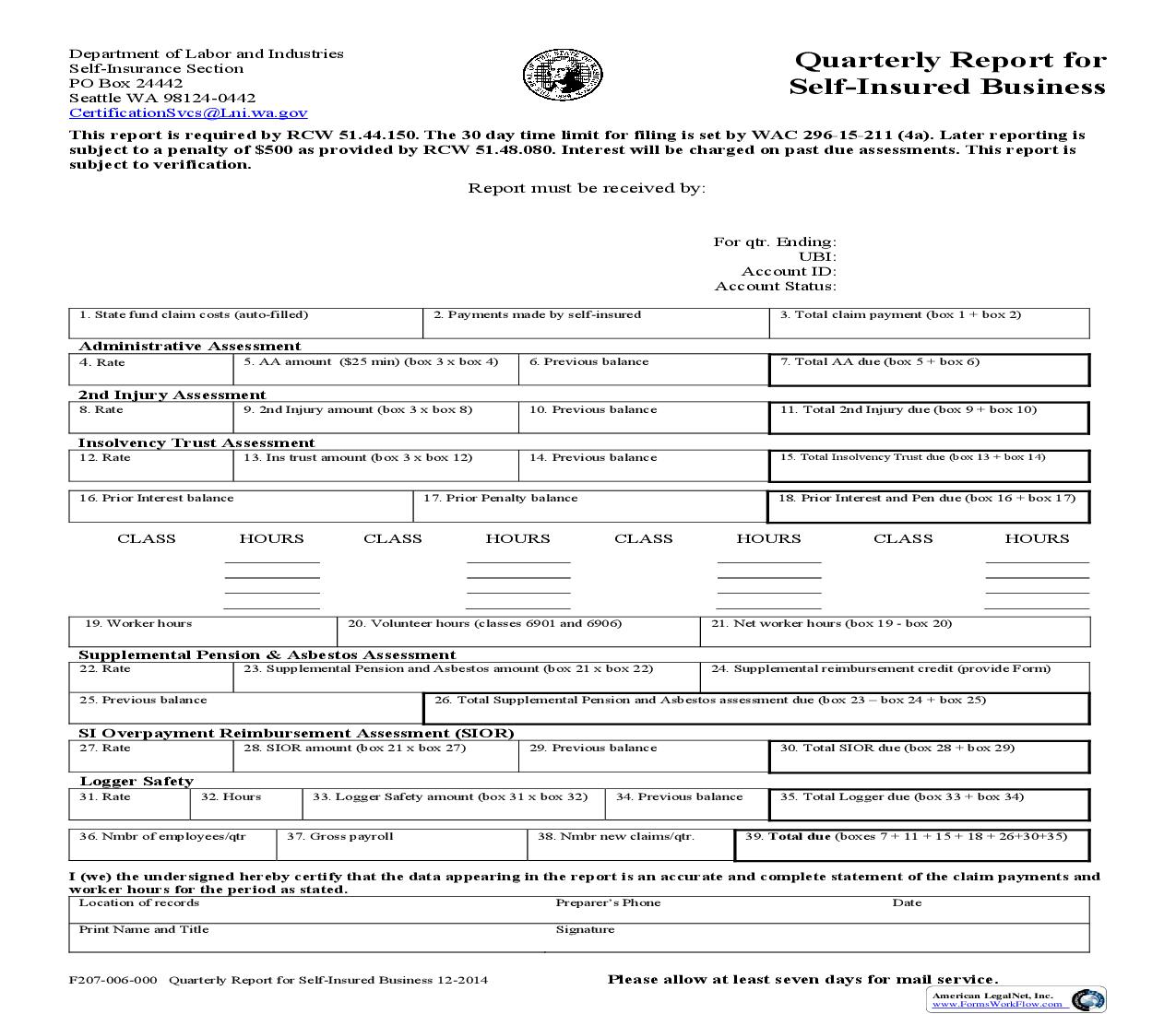 Quarterly Report For Self Insured Business {F207-006-000} | Pdf Fpdf Doc Docx | Washington