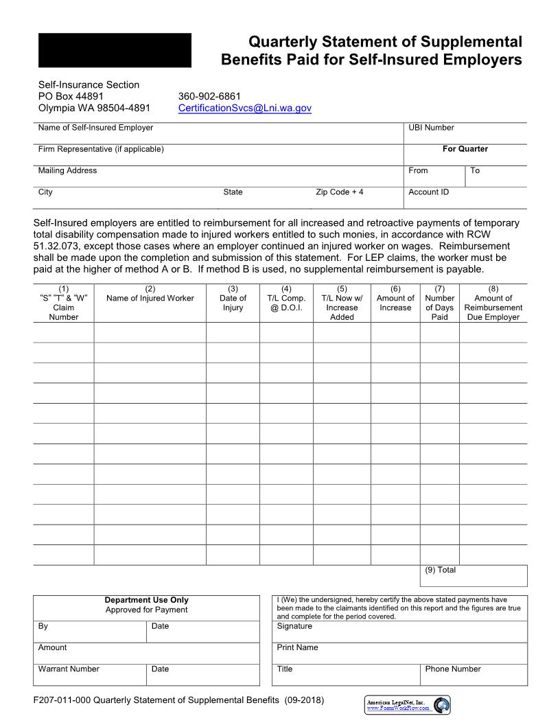 Quarterly Statement Of Supplemental Benefits Paid For Self Insured Employers {F207-011-000} | Pdf Fpdf Docx | Washington
