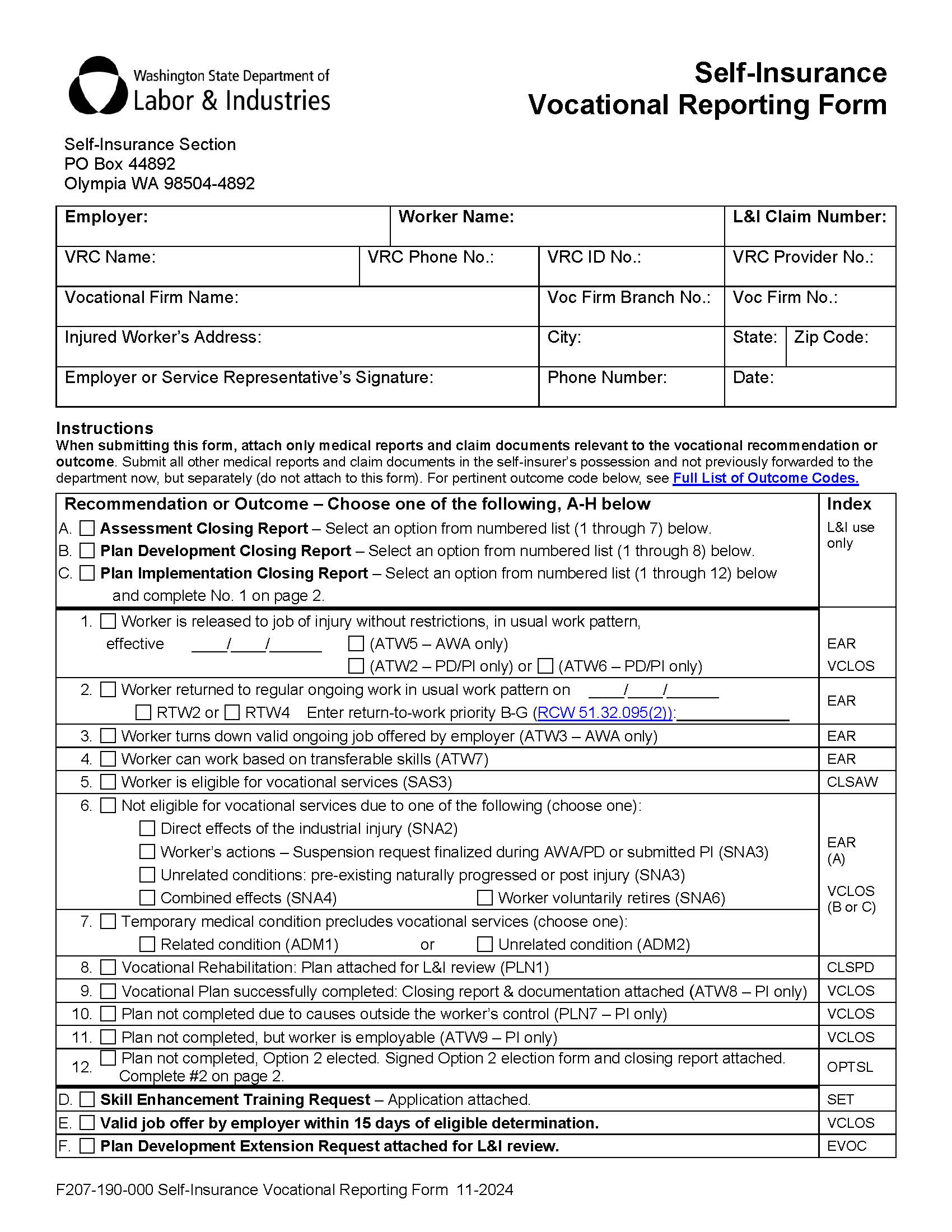 Self Insurance Vocational Reporting Form {F207-190-000} | Pdf Fpdf Doc Docx | Washington