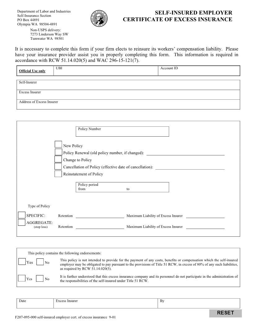 Self Insured Employer Certificate Of Excess Insurance {F207-095-000} | Pdf Fpdf Doc Docx | Washington