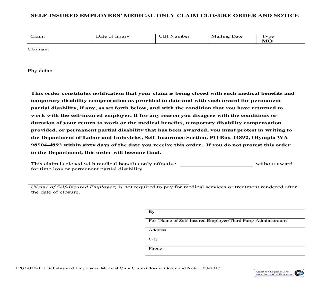 Self Insured Employers Medical Only Claim Closure Order And Notice {F207-020-111} | Pdf Fpdf Doc Docx | Washington