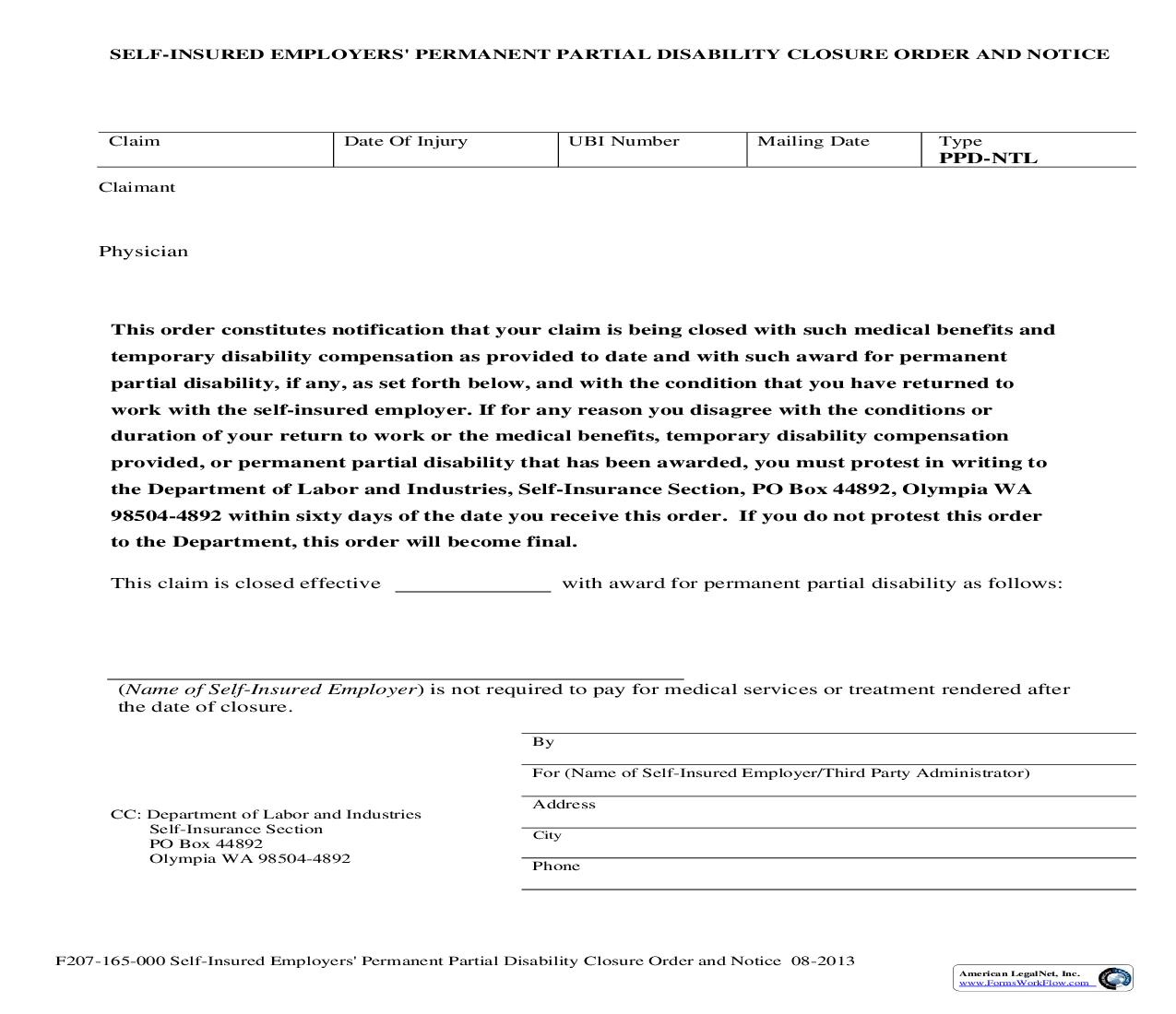 Self Insured Employers Permanent Partial Disability Closure Order And Notice (PPD-NTL) {F207-165-000} | Pdf Fpdf Doc Docx | Washington