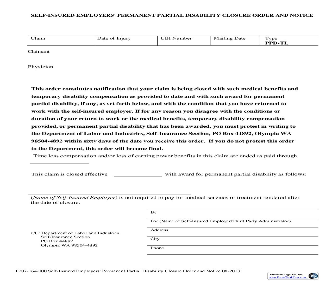 Self Insured Employers Permanent Partial Disability Closure Order And Notice (PPD-TL) {F207-164-000} | Pdf Fpdf Doc Docx | Washington