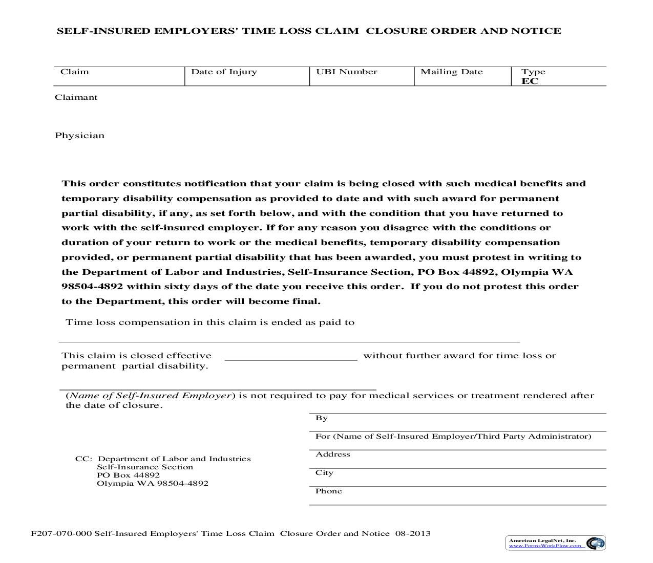 Self Insured Employers Time Loss Claim Closure Order And Notice {F207-070-000} | Pdf Fpdf Doc Docx | Washington