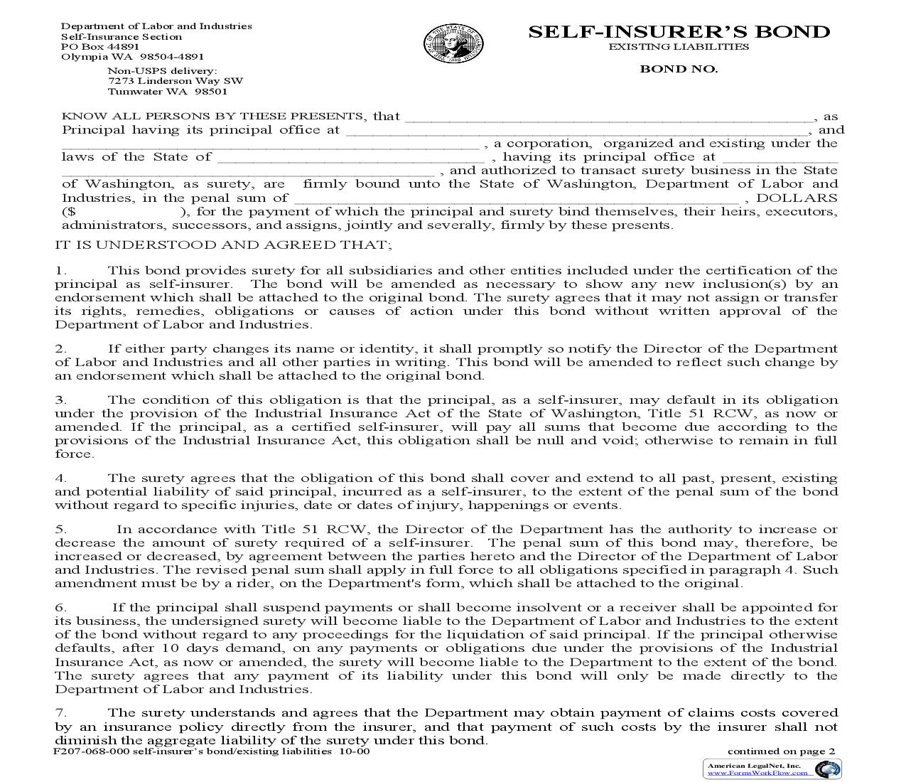 Self Insurers Bond {F207-068-000} | Pdf Fpdf Doc Docx | Washington