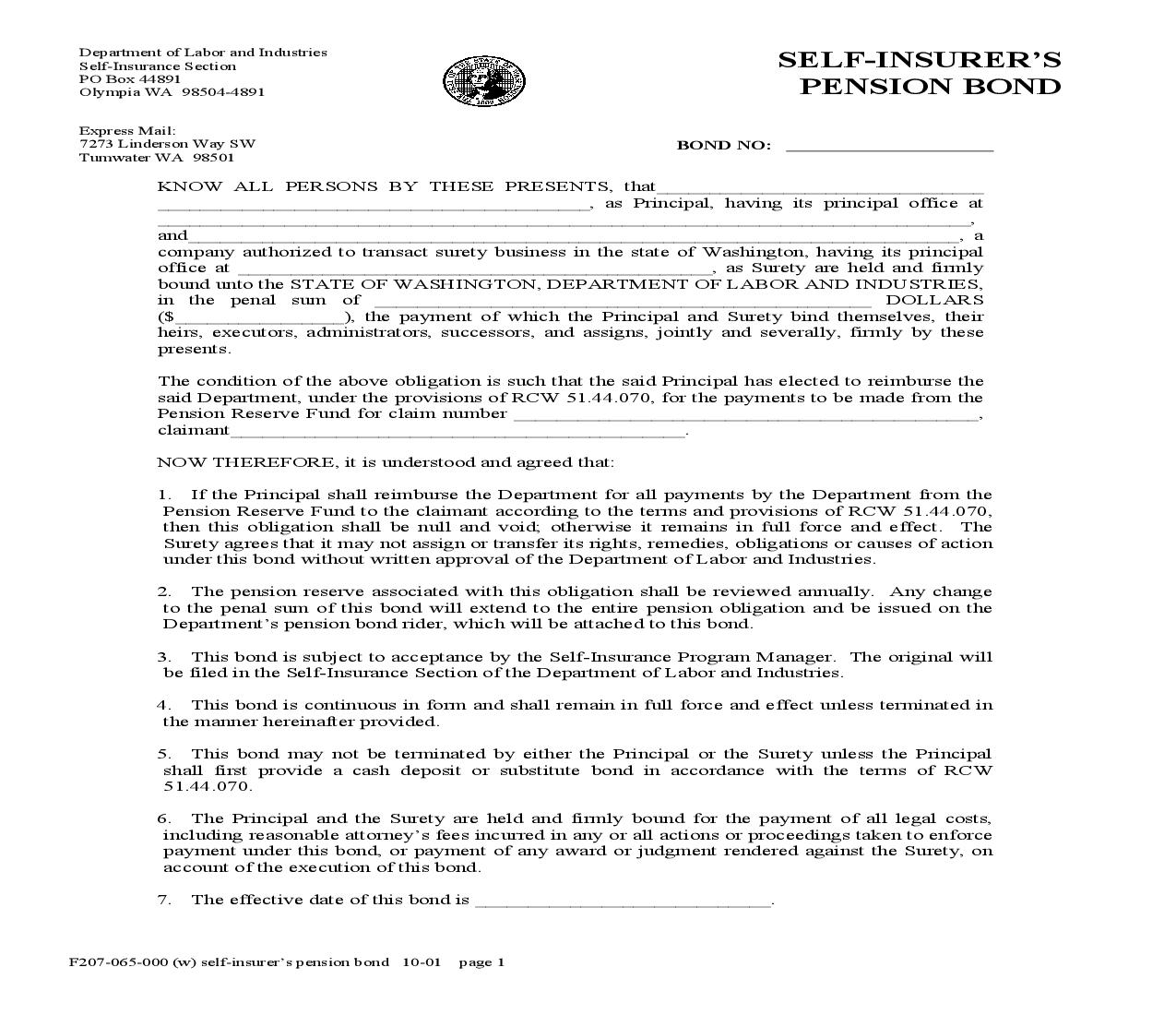 Self Insurers Pension Bond {F207-065-000} | Pdf Fpdf Doc Docx | Washington