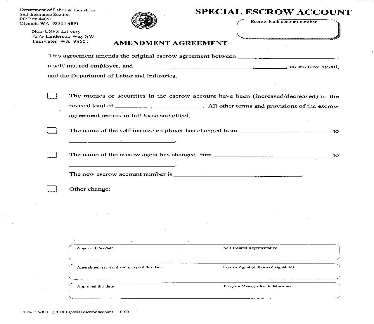 Special Escrow Account Amendment Agreement {F207-137-000} | Pdf Fpdf Doc Docx | Washington