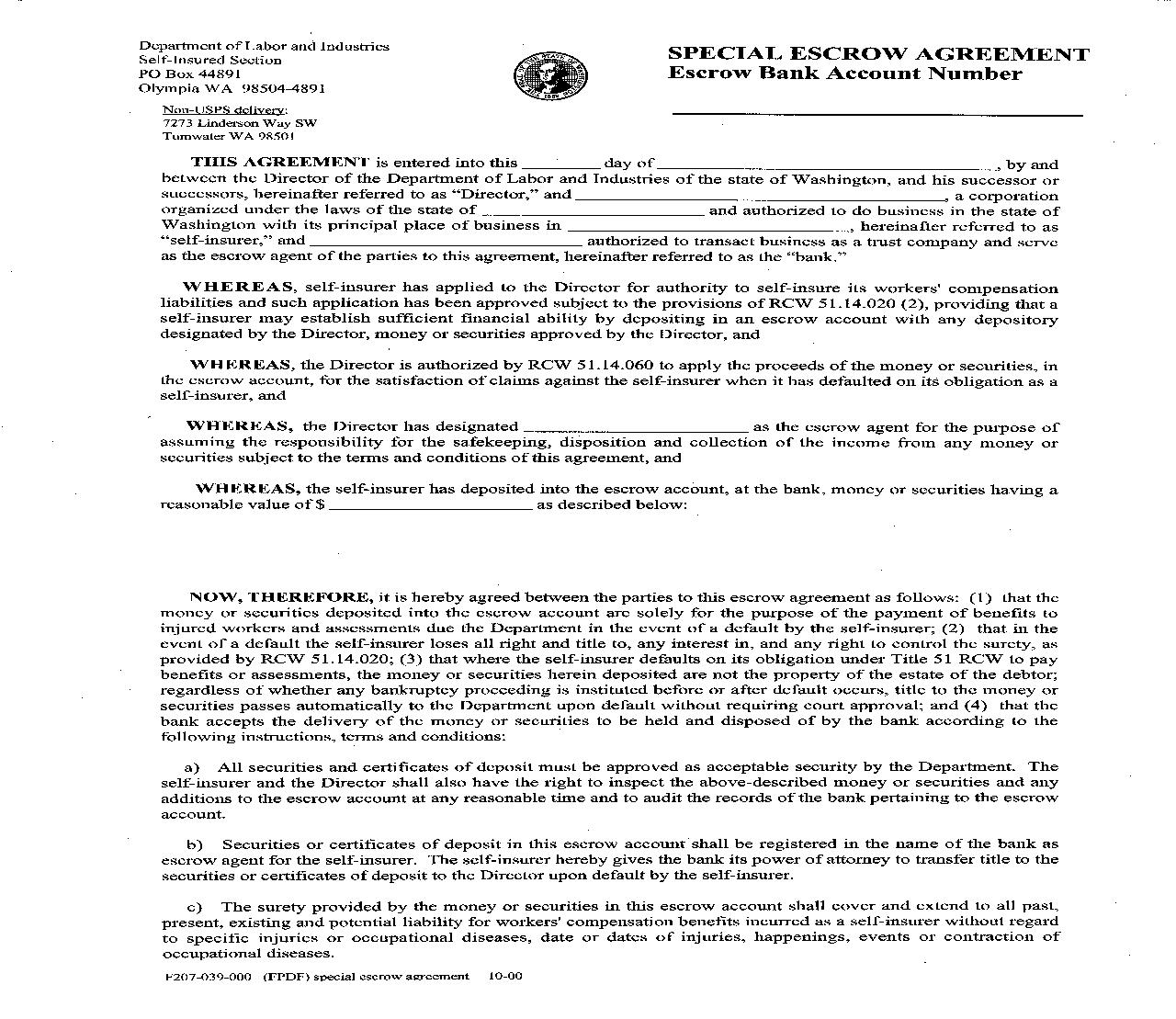 Special Escrow Agreement {F207-039-000} | Pdf Fpdf Doc Docx | Washington