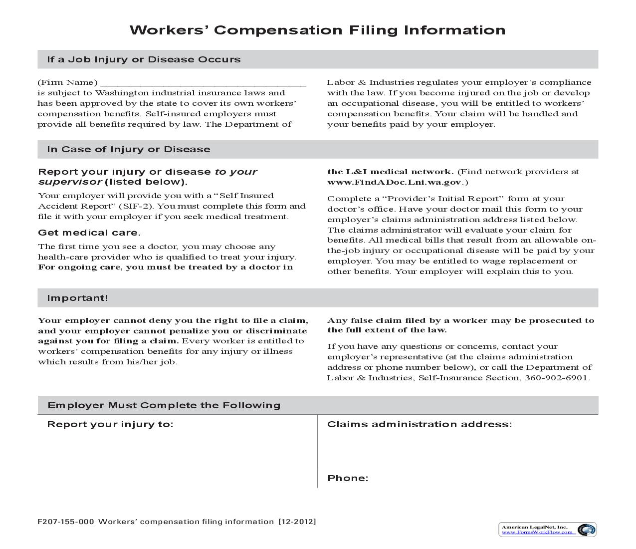 Workers Compensation Filing Information {F207-155-000} | Pdf Fpdf Doc Docx | Washington
