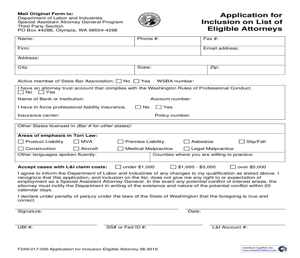 Application For Inclusion On List Of Eligible Attorneys {F249-017-000} | Pdf Fpdf Doc Docx | Washington